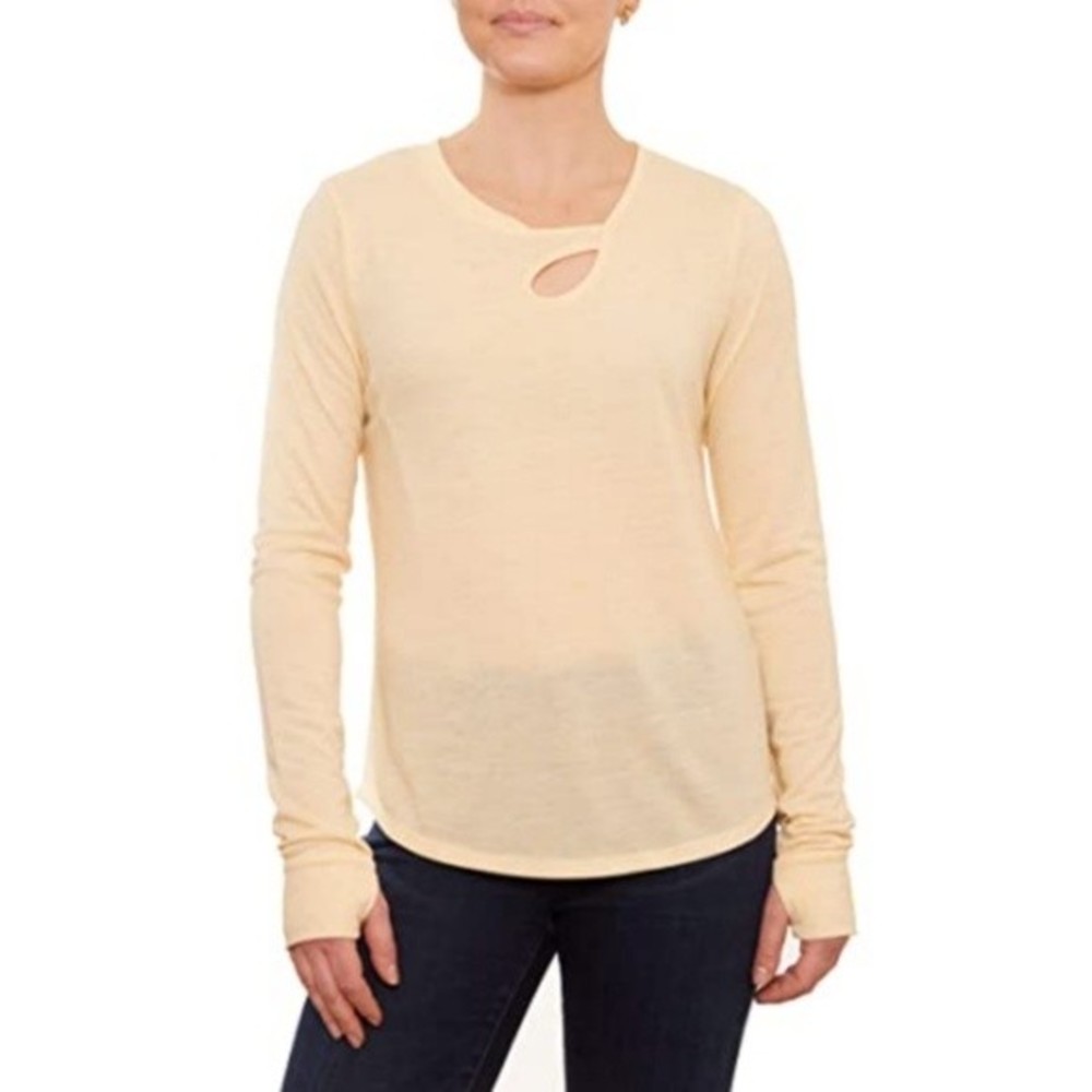 JEANNE PIERRE‎ Front Cut Thumbhole Sleeve Cuff Crew Neck Lemon Heather Top